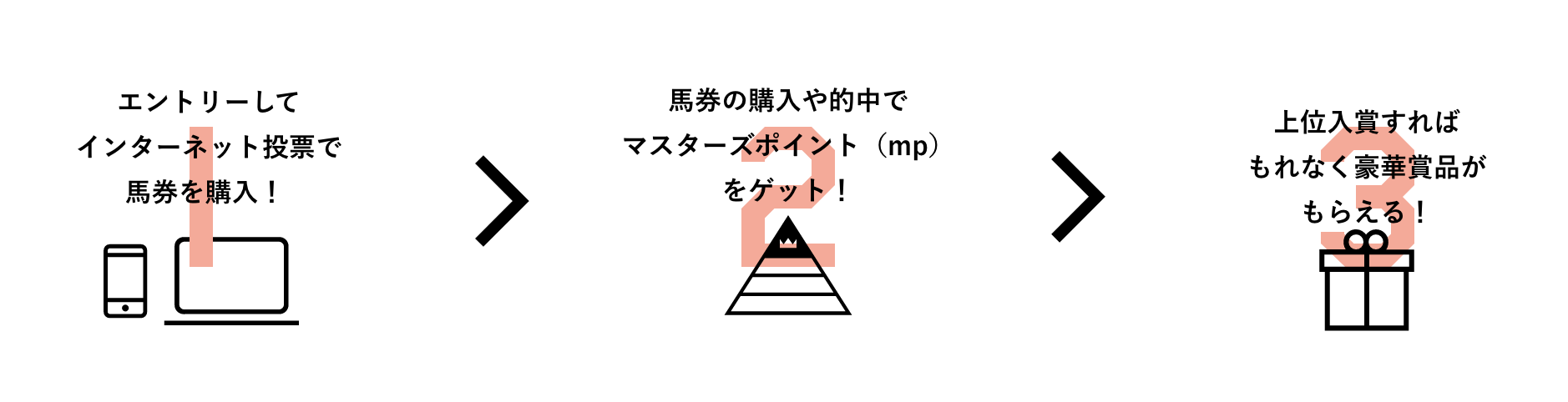 1 エントリーしてインターネット投票で馬券を購入！ 2 馬券の購入や的中でマスターズポイント（mp）をゲット！ 3 上位入賞すればもれなく豪華賞品がもらえるよ！