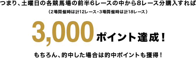 つまり、土曜日の各競馬場の前半6レースの中から8レース分購入すれば（2場開催時は計12レース・3場開催時は計18レース）3,000ポイント達成！もちろん、的中した場合は的中ポイントも獲得！