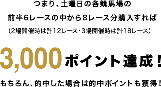 つまり、土曜日の各競馬場の前半6レースの中から8レース分購入すれば（2場開催時は計12レース・3場開催時は計18レース）3,000ポイント達成！もちろん、的中した場合は的中ポイントも獲得！