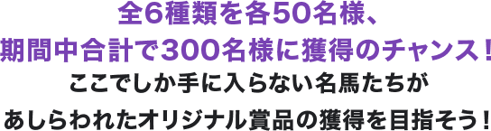 全6種類を各50名様、期間中合計で300名様に獲得のチャンス！ここでしか手に入らない名馬たちがあしらわれたオリジナル賞品の獲得を目指そう！
