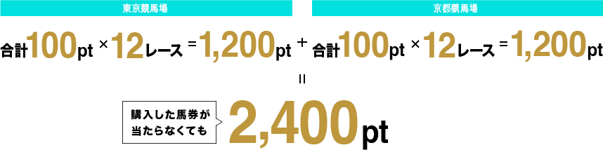 東京競馬場 合計100pt×12レース=1,200pt + 京都競馬場 合計100pt×12レース=1,200pt 購入した馬券が当たらなくても2,400pt