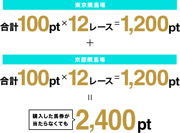 東京競馬場 合計100pt×12レース=1,200pt + 京都競馬場 合計100pt×12レース=1,200pt 購入した馬券が当たらなくても2,400pt