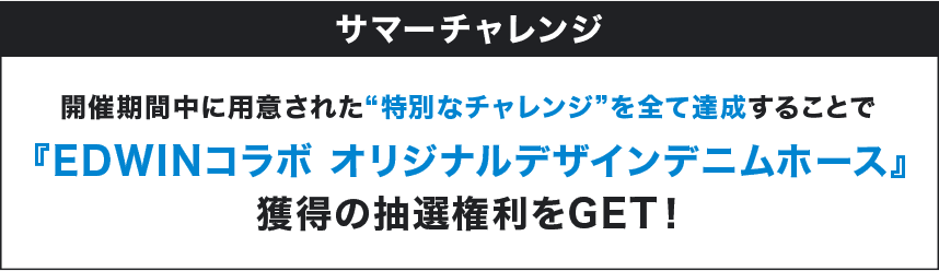 サマーチャレンジ 開催期間中に用意された"特別なチャレンジ"を全て達成することで『EDWINコラボオリジナルデザインデニムホース』獲得の抽選権利をGET!