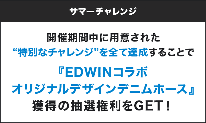 サマーチャレンジ 開催期間中に用意された"特別なチャレンジ"を全て達成することで『EDWINコラボオリジナルデザインデニムホース』獲得の抽選権利をGET!