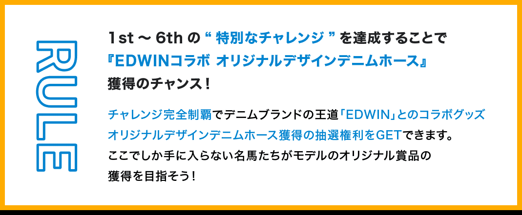 RULE 1st～6thの“特別なチャレンジ”を達成することで『EDWINコラボ オリジナルデザインデニムホース』獲得のチャンス！チャレンジ完全制覇でデニムブランドの王道「EDWIN」とのコラボグッズオリジナルデザインデニムホース獲得の抽選権利をGETできます。ここでしか手に入らない名馬たちがモデルのオリジナル賞品の獲得を目指そう！