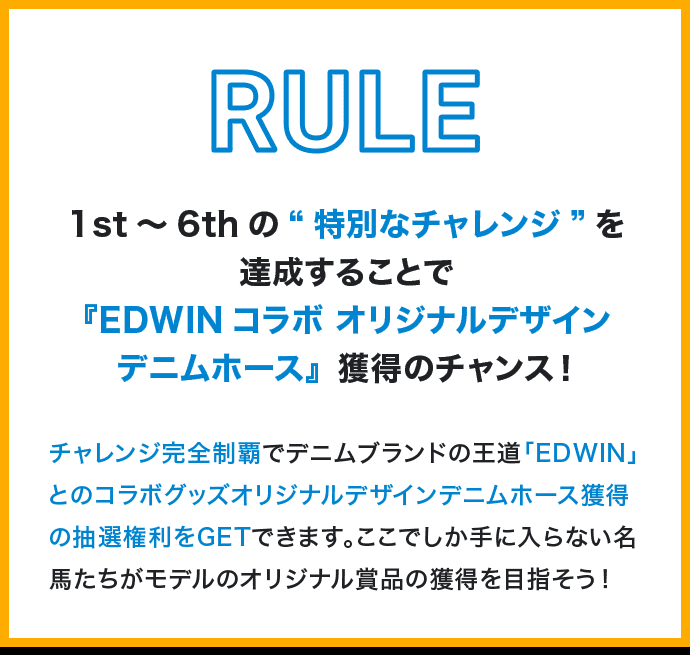 RULE 1st～6thの“特別なチャレンジ”を達成することで『EDWINコラボ オリジナルデザインデニムホース』獲得のチャンス！チャレンジ完全制覇でデニムブランドの王道「EDWIN」とのコラボグッズオリジナルデザインデニムホース獲得の抽選権利をGETできます。ここでしか手に入らない名馬たちがモデルのオリジナル賞品の獲得を目指そう！
