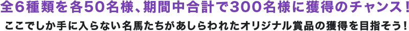 全6種類を各50名様、期間中合計で300名様に獲得のチャンス!ここでしか手に入らない名馬たちがあしらわれたオリジナル賞品の獲得を目指そう!