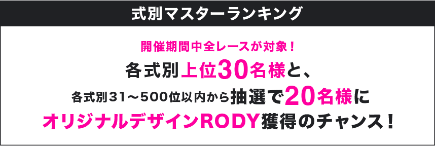式別マスターランキング 開催期間中全レースが対象! 各式別上位30名様と、各式別31~500位以内から抽選で20名様にオリジナルデザインRODY獲得のチャンス!